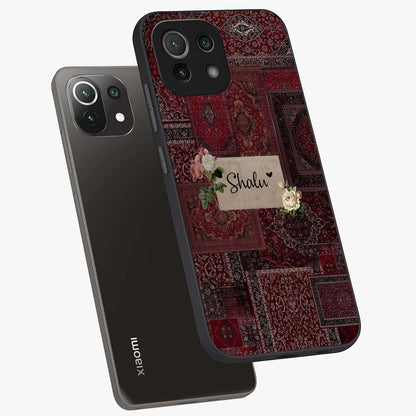 Velvet Wine Pattern Custom Name Glass Case displayed in angled mockup highlighting decorative velvet inspired design with custom name feature.
