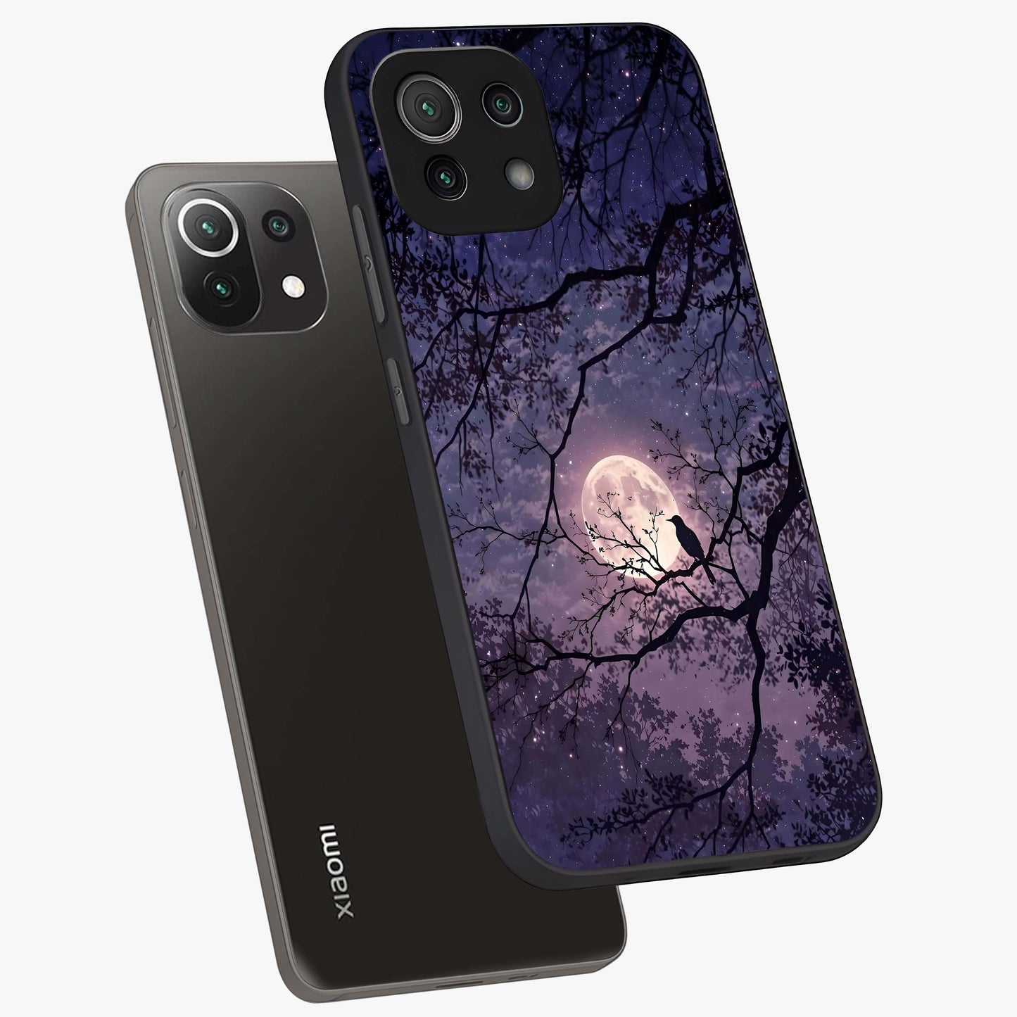 Whispering Moon Silence Glass Case displayed in angled mockup highlighting calm lunar design with dreamy night aesthetic.