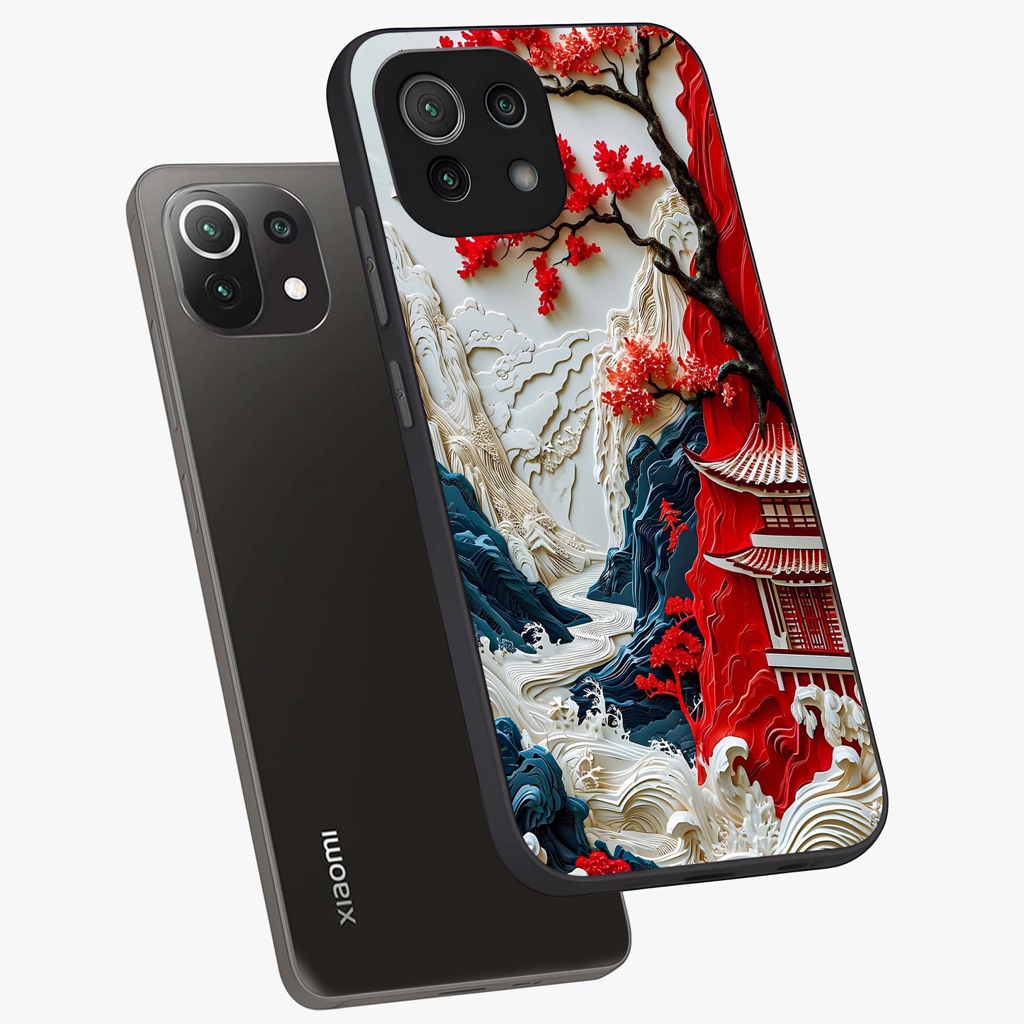 Whispers Of Sakura Waves Glass Case displayed in angled mockup highlighting flowing sakura design with soft floral aesthetic.