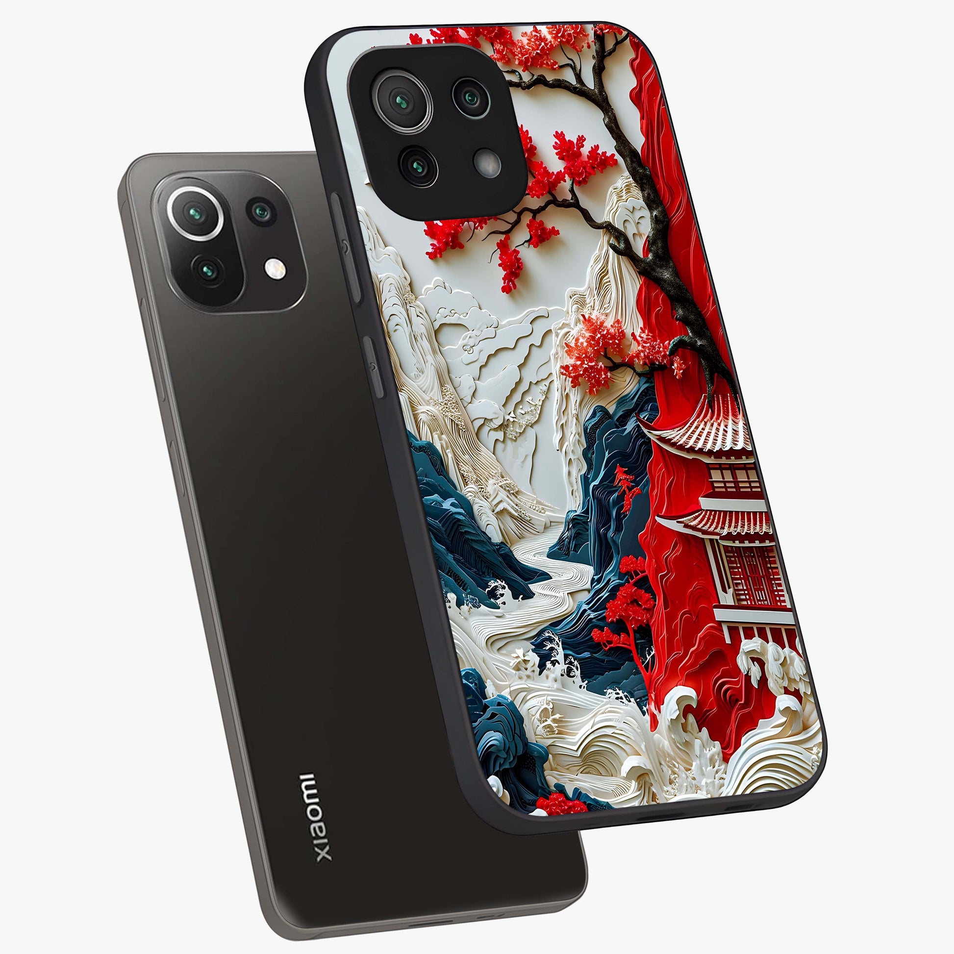 Whispers Of Sakura Waves Glass Case displayed in angled mockup highlighting flowing sakura design with soft floral aesthetic.