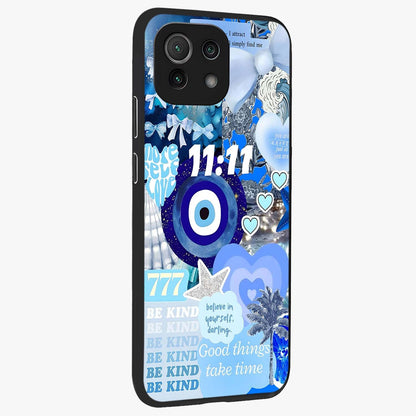 Aesthetic Be Kind Eye Glass Case upright view showcasing stylish eye illustration with positive message theme.
