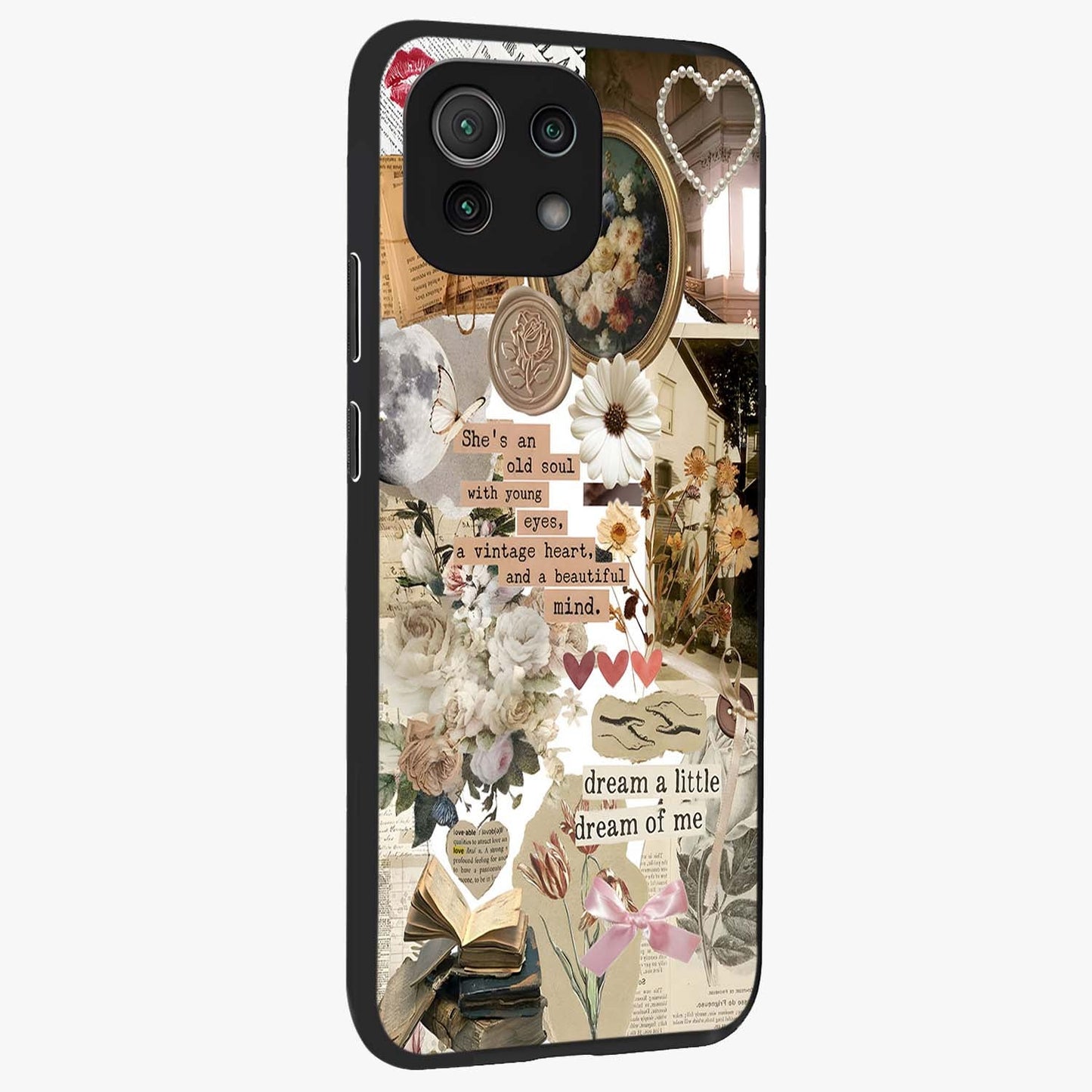 Aesthetic Brown Vintage Collage Glass Case upright view showcasing nostalgic retro artwork with stylish vintage theme.