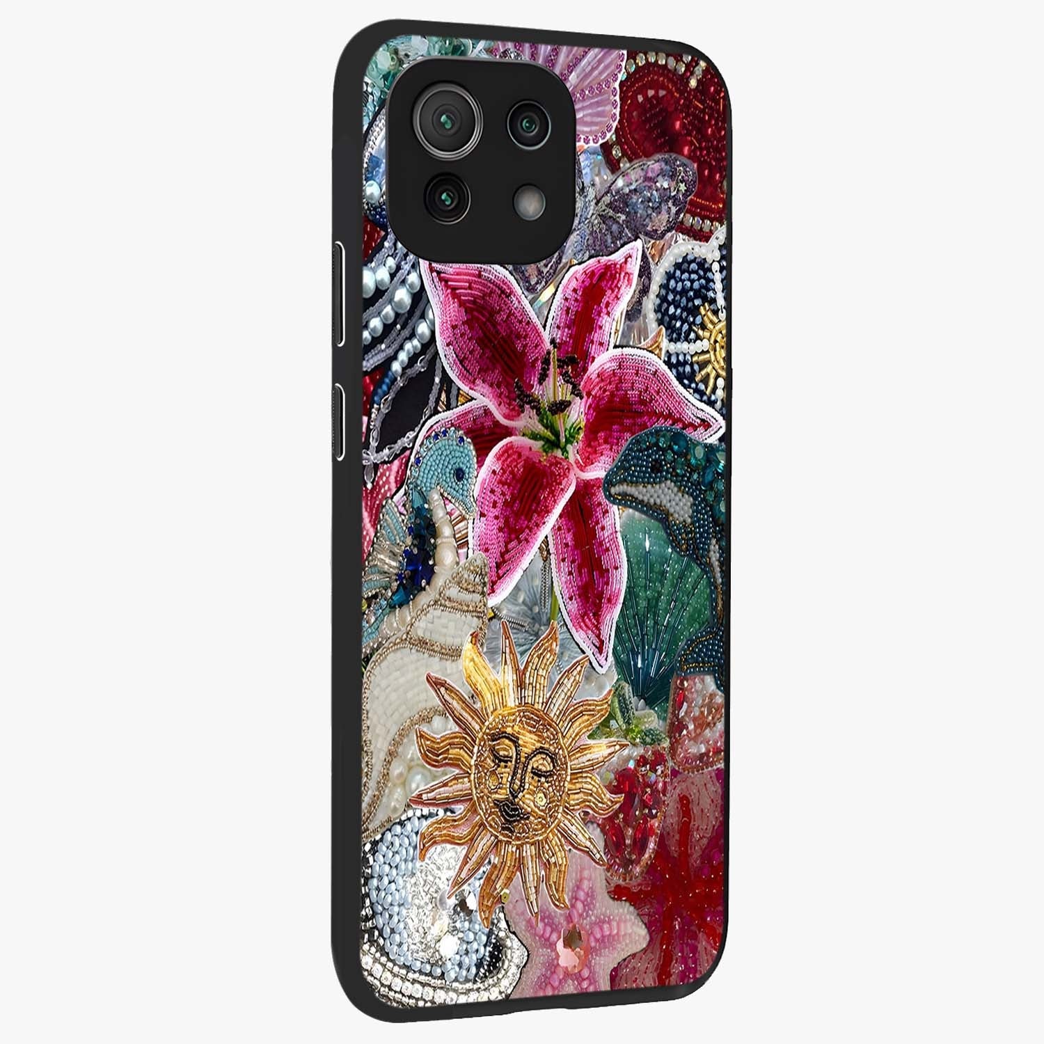 Beaded Garden Fantasy Glass Case upright view showcasing whimsical garden aesthetic with artistic bead details.