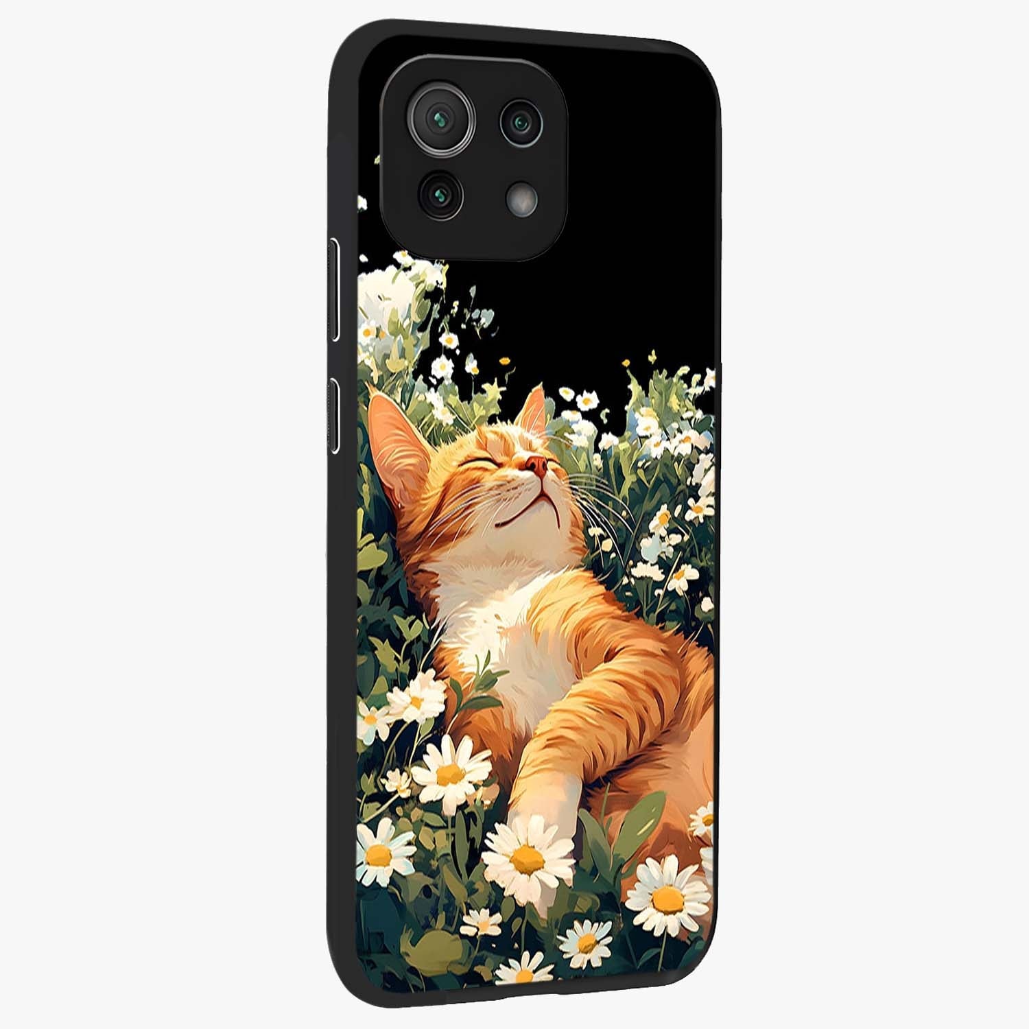 Blissful Bloom Cat Glass Case upright view showcasing charming cat design surrounded by blooming floral elements.