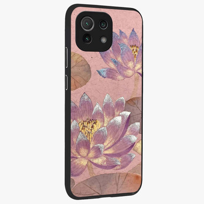 Blossom Mist Lotus Glass Case upright view showcasing graceful lotus flower design with peaceful botanical style.