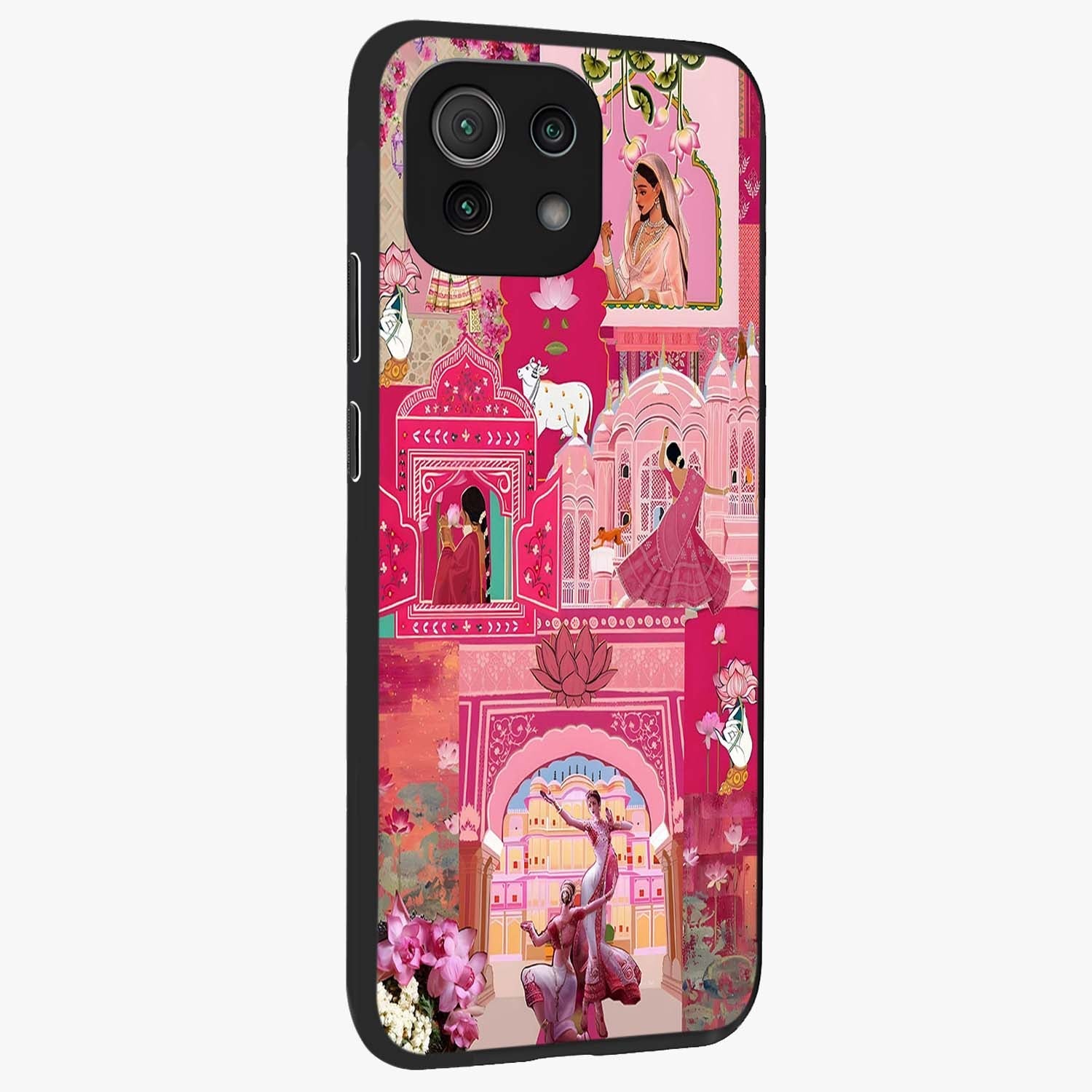 Blossoms of Rajasthan Glass Case upright view showcasing colorful floral design inspired by traditional Indian art.