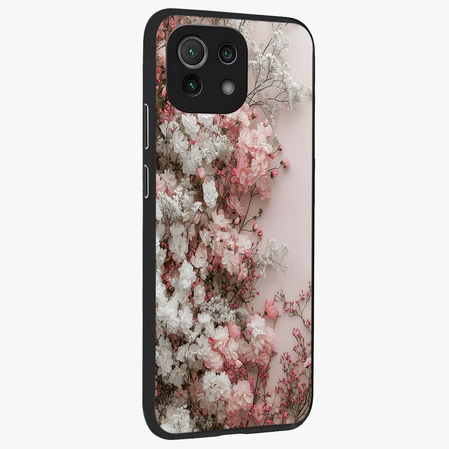 Blush Blossom Cloud Glass Case upright view showcasing calm floral cloud artwork with gentle dreamy theme.