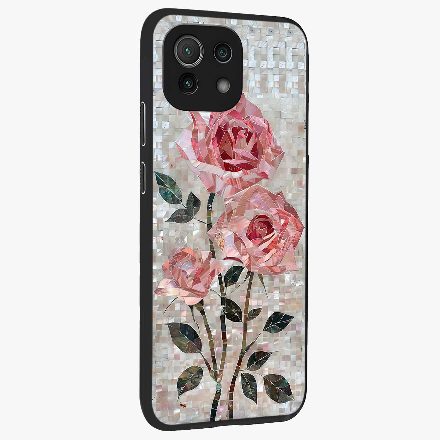 Blush Mosaic Bloom Glass Case upright view showcasing decorative floral mosaic artwork with stylish modern aesthetic.
