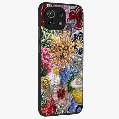Celestial Floral and Playful Glass Case upright view showcasing whimsical floral artwork with cosmic aesthetic theme.