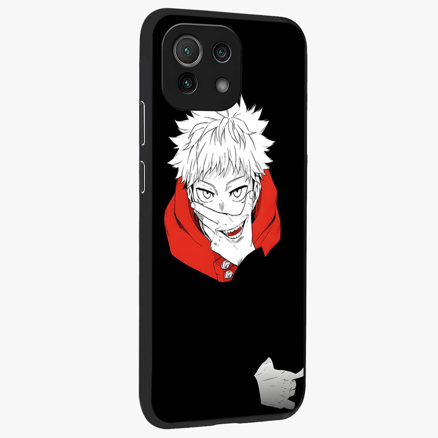 Crimson Chaos Smile Glass Case upright view showcasing expressive chaotic artwork with striking visual theme.