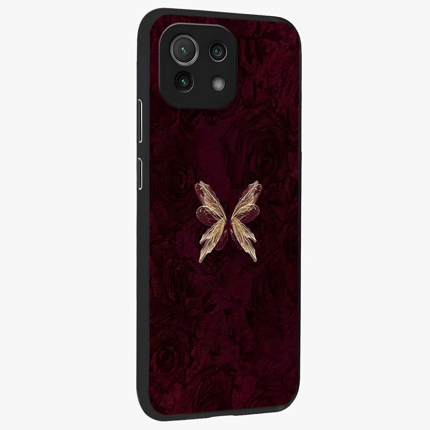 Crimson Fade Butterfly Glass Case upright view showcasing graceful butterfly artwork with soft crimson fade effect.