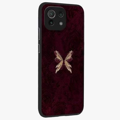 Crimson Fade Butterfly Glass Case upright view showcasing graceful butterfly artwork with soft crimson fade effect.