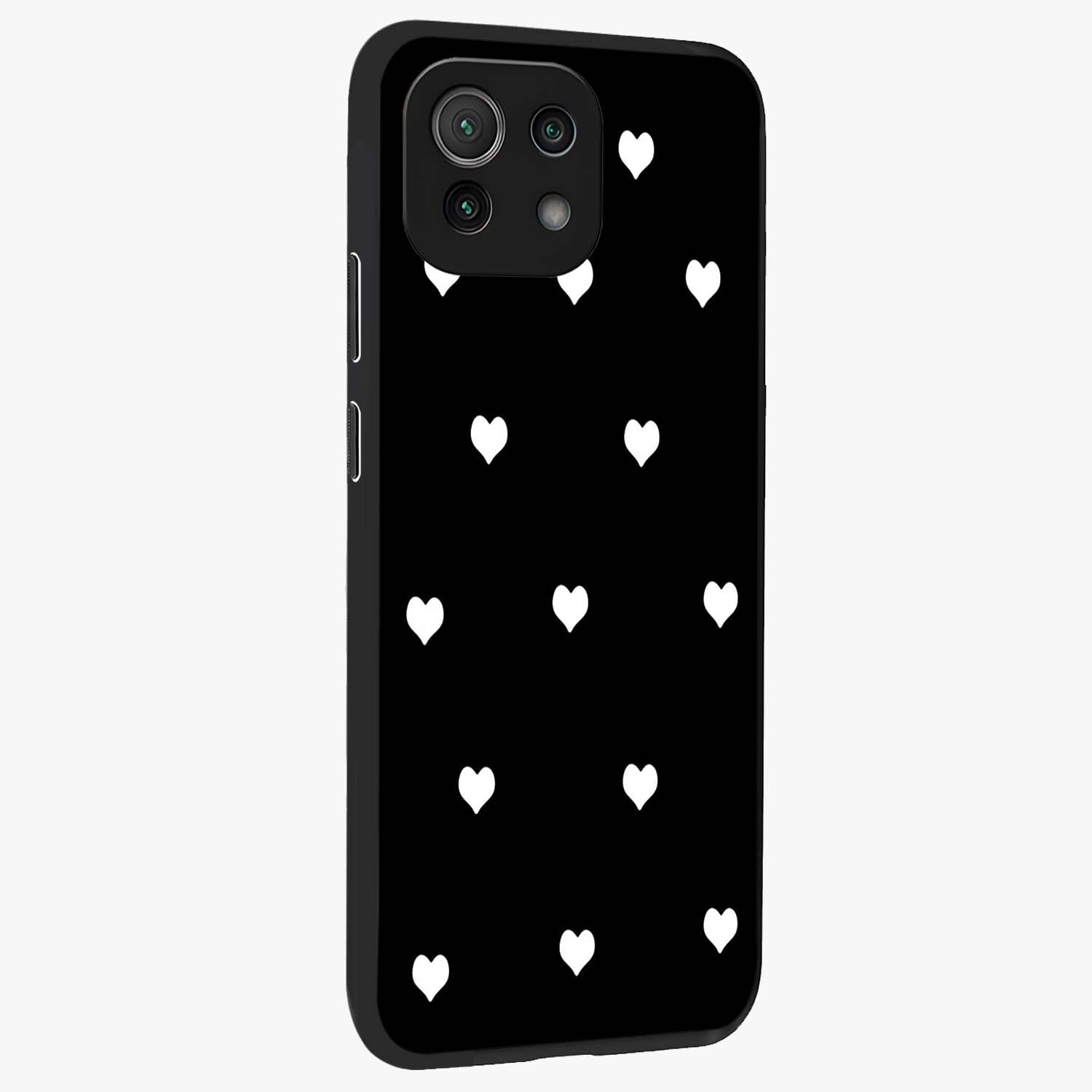 Cute And Simple White Hearts Glass Case upright view showcasing simple white hearts artwork with soft minimal theme.