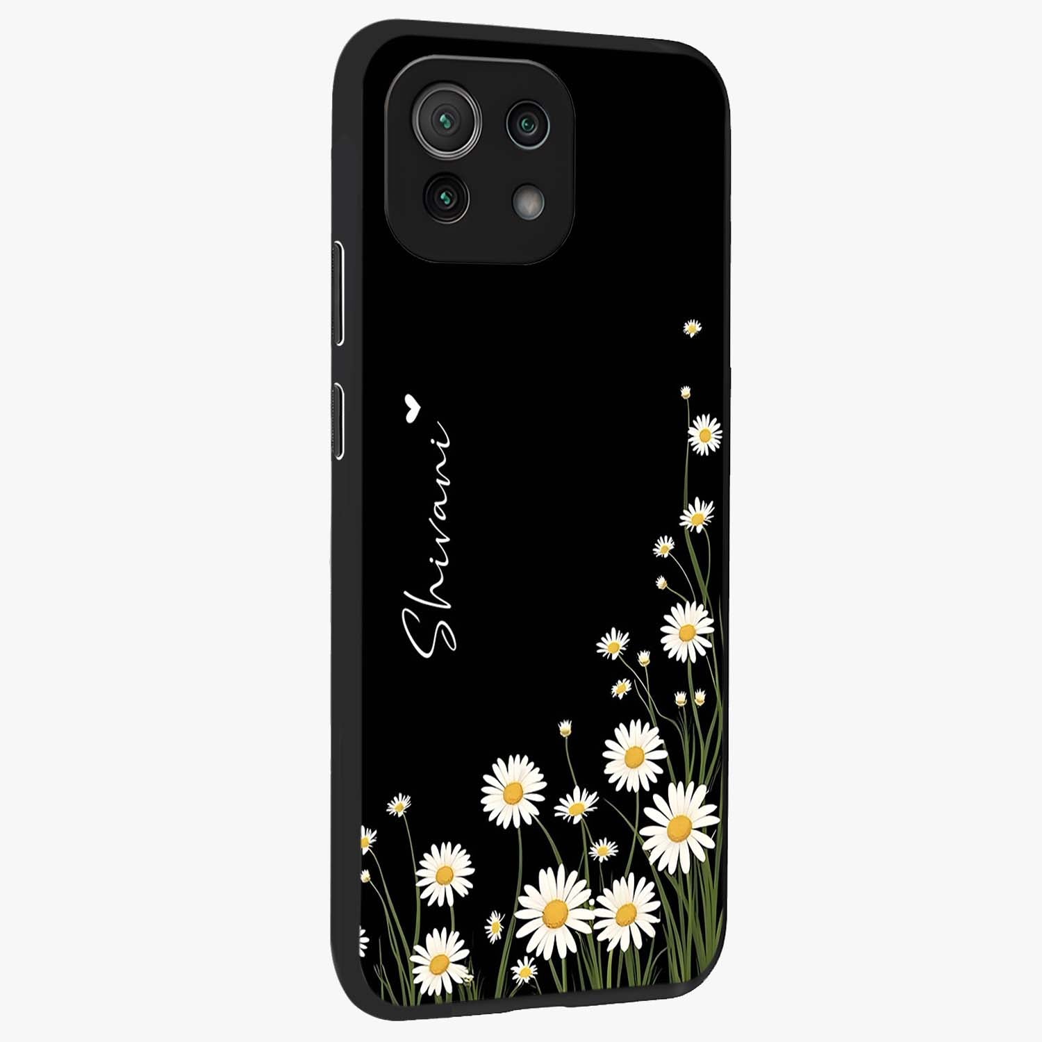 Daisy Cascade Custom Name Glass Case upright view showcasing elegant floral cascade design with personalized aesthetic.