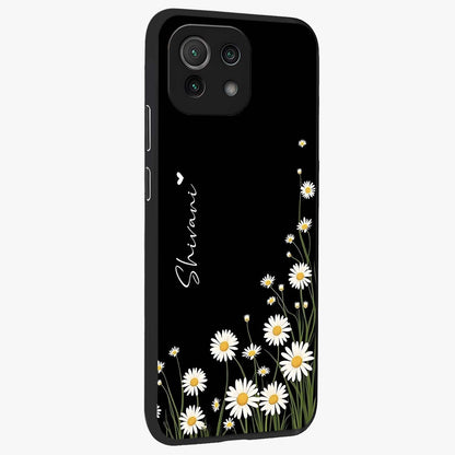 Daisy Cascade Custom Name Glass Case upright view showcasing elegant floral cascade design with personalized aesthetic.