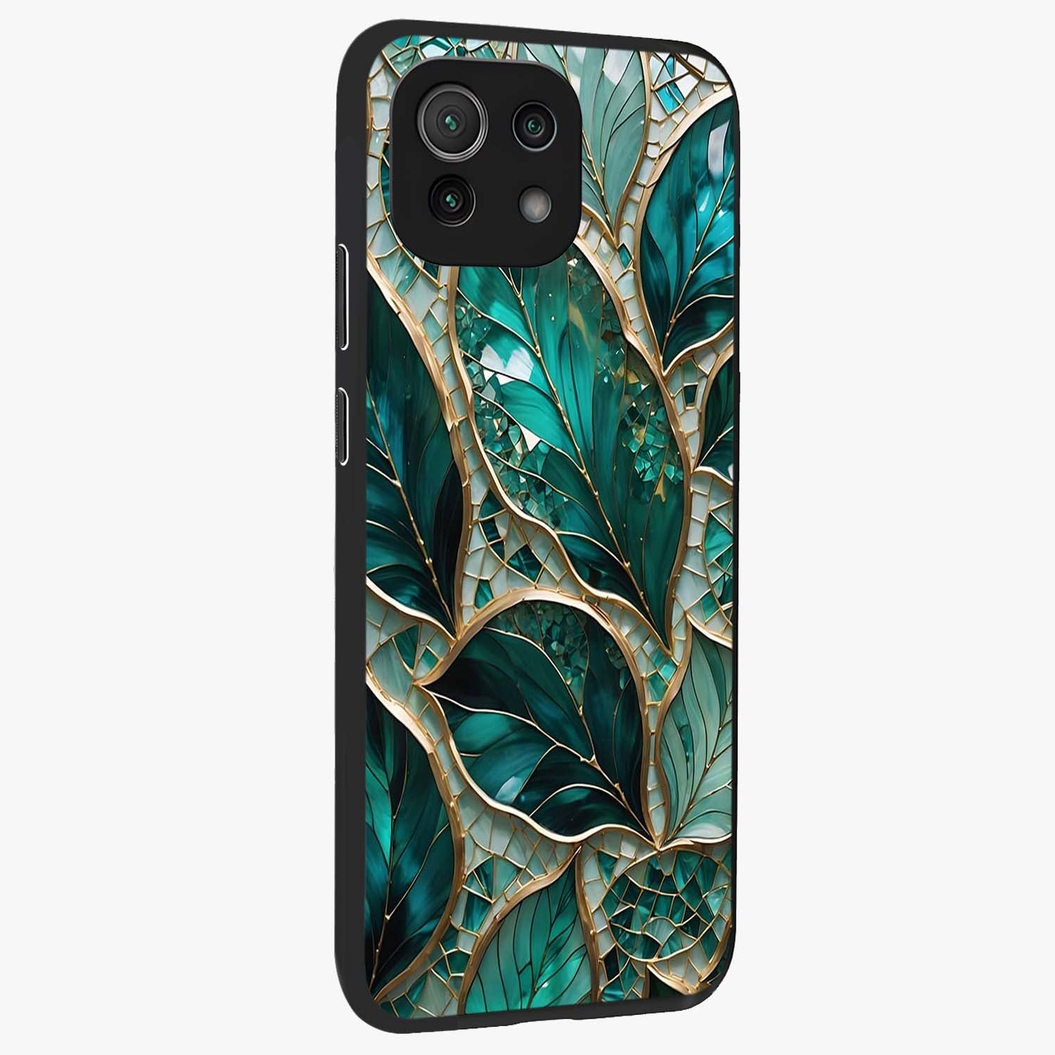 Emerald Leaf Glass Glass Case upright view showcasing fresh green leaf artwork with calming nature inspired style.