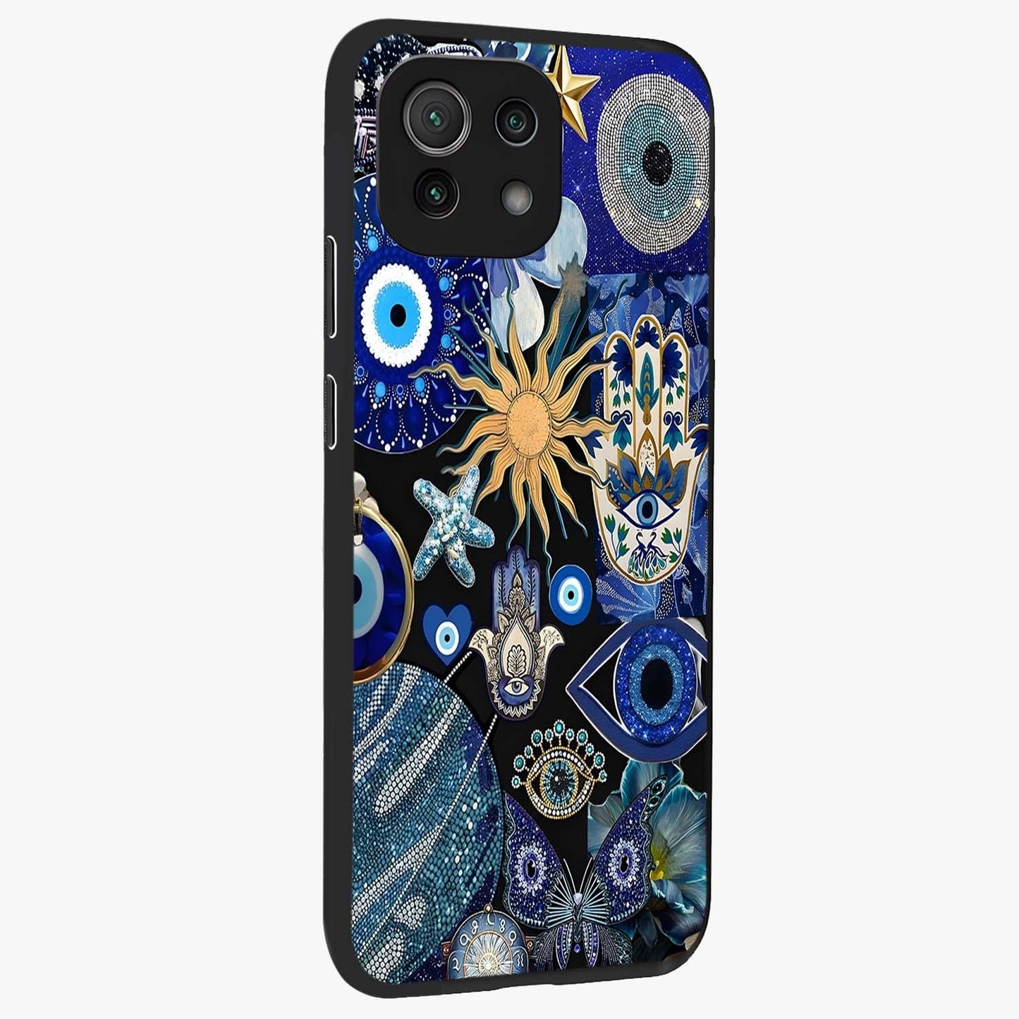 Evil Eye Charm Mix Glass Case upright view showcasing mystical evil eye pattern with vibrant decorative style.