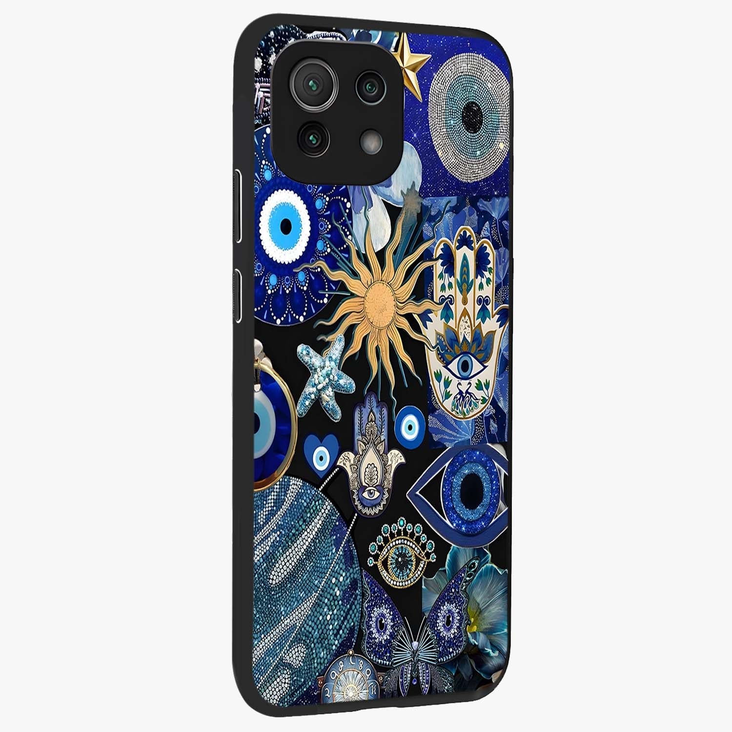 Evil Eye Charm Mix Glass Case upright view showcasing mystical evil eye pattern with vibrant decorative style.
