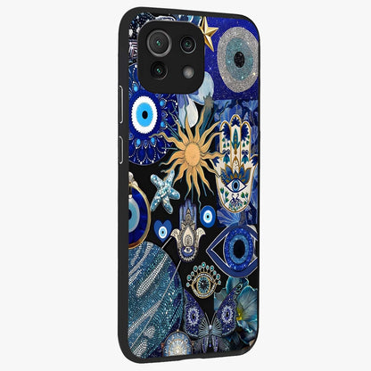 Evil Eye Charm Mix Glass Case upright view showcasing mystical evil eye pattern with vibrant decorative style.