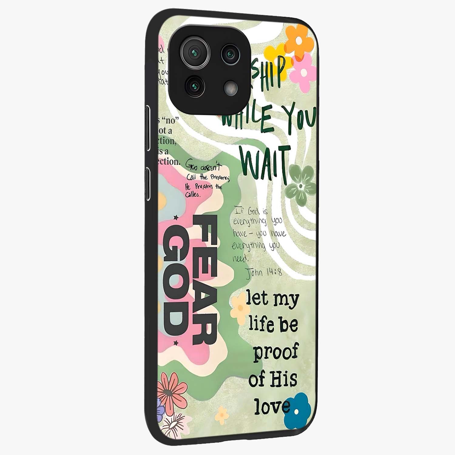 Faith Over Fear Glass Case upright view showcasing bold typography artwork with uplifting motivational theme.