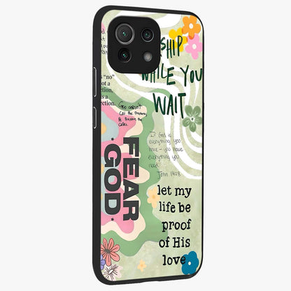 Faith Over Fear Glass Case upright view showcasing bold typography artwork with uplifting motivational theme.