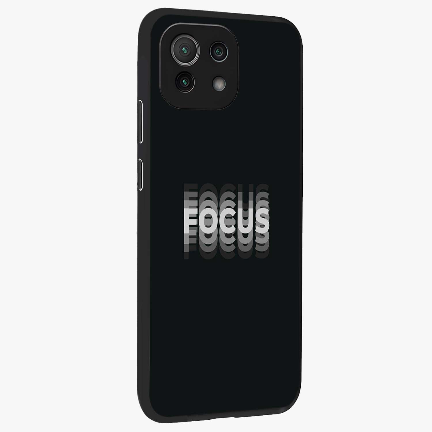 Focus Mode On Glass Case upright view showcasing strong typography statement with sleek motivational theme.