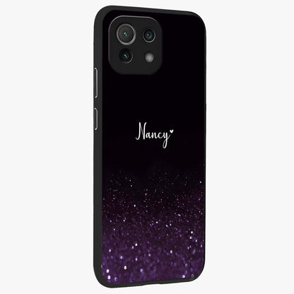 Glittery Purple Bokeh Custom Name Glass Case upright view showcasing vibrant purple sparkle artwork with personalized aesthetic style.