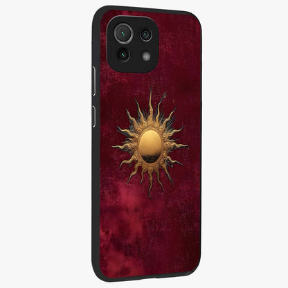 Golden Sun Minimalism Glass Case upright view showcasing simple golden sun artwork with elegant minimalist style.