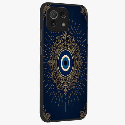 Golden Celestial Charm Glass Case upright view showcasing radiant celestial artwork with elegant golden theme.