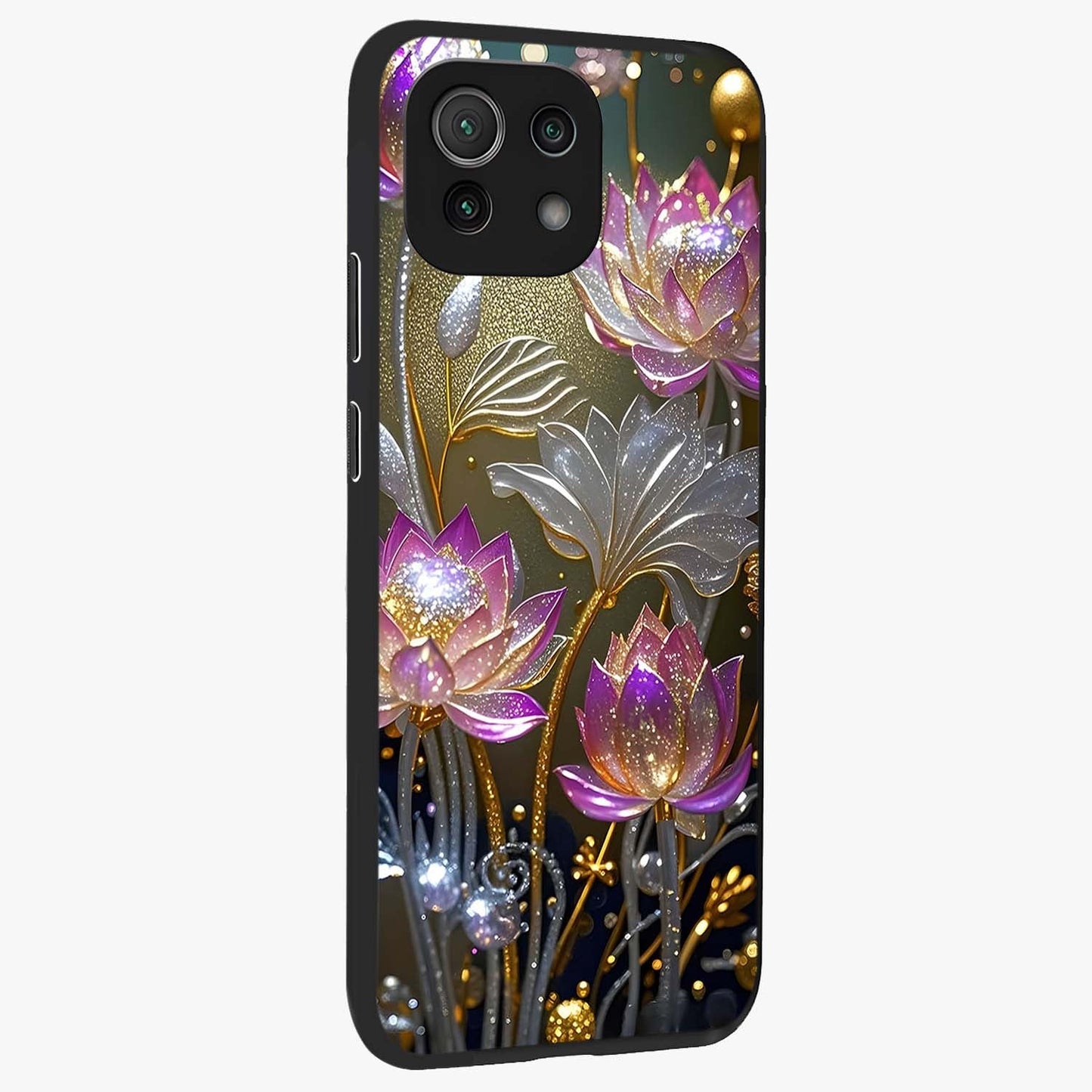 Golden Floral Majesty Glass Case upright view showcasing majestic floral artwork with rich decorative theme.