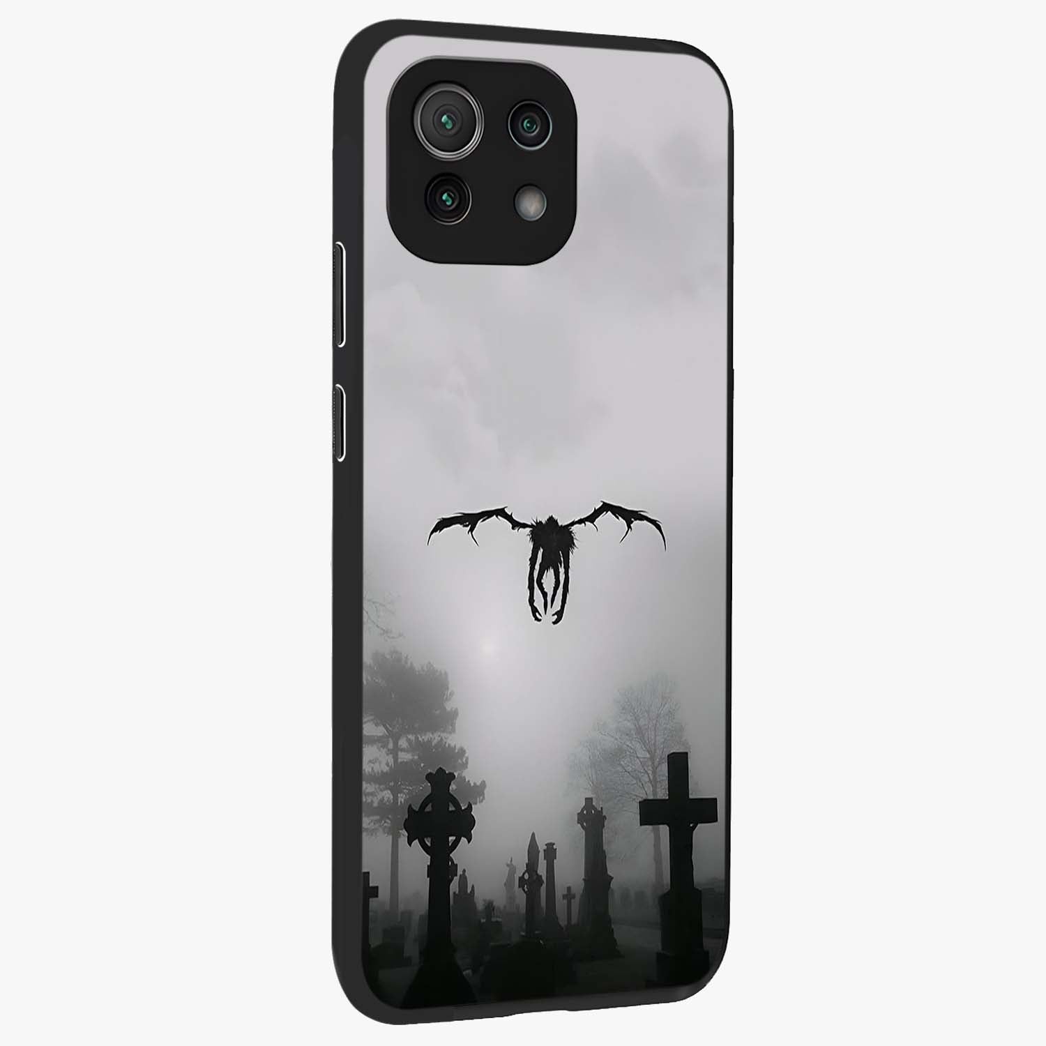 Graveyard Shadow Descent Glass Case upright view showcasing haunting graveyard artwork with dramatic dark theme.