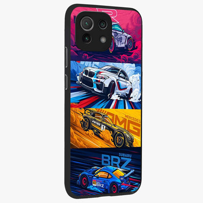 JDM Sports Car Glass Case upright view showcasing dynamic sports car artwork with bold racing theme.
