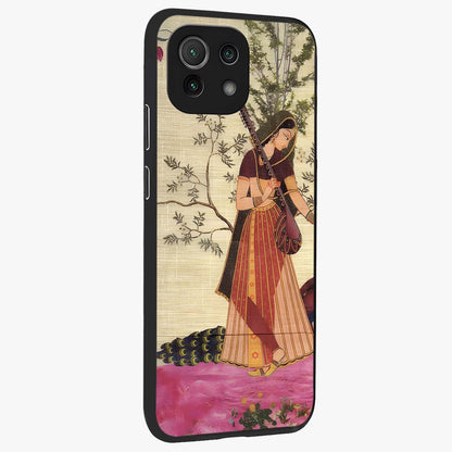 Lady With Veena Art Glass Case upright view showcasing classical veena artwork with traditional artistic theme.