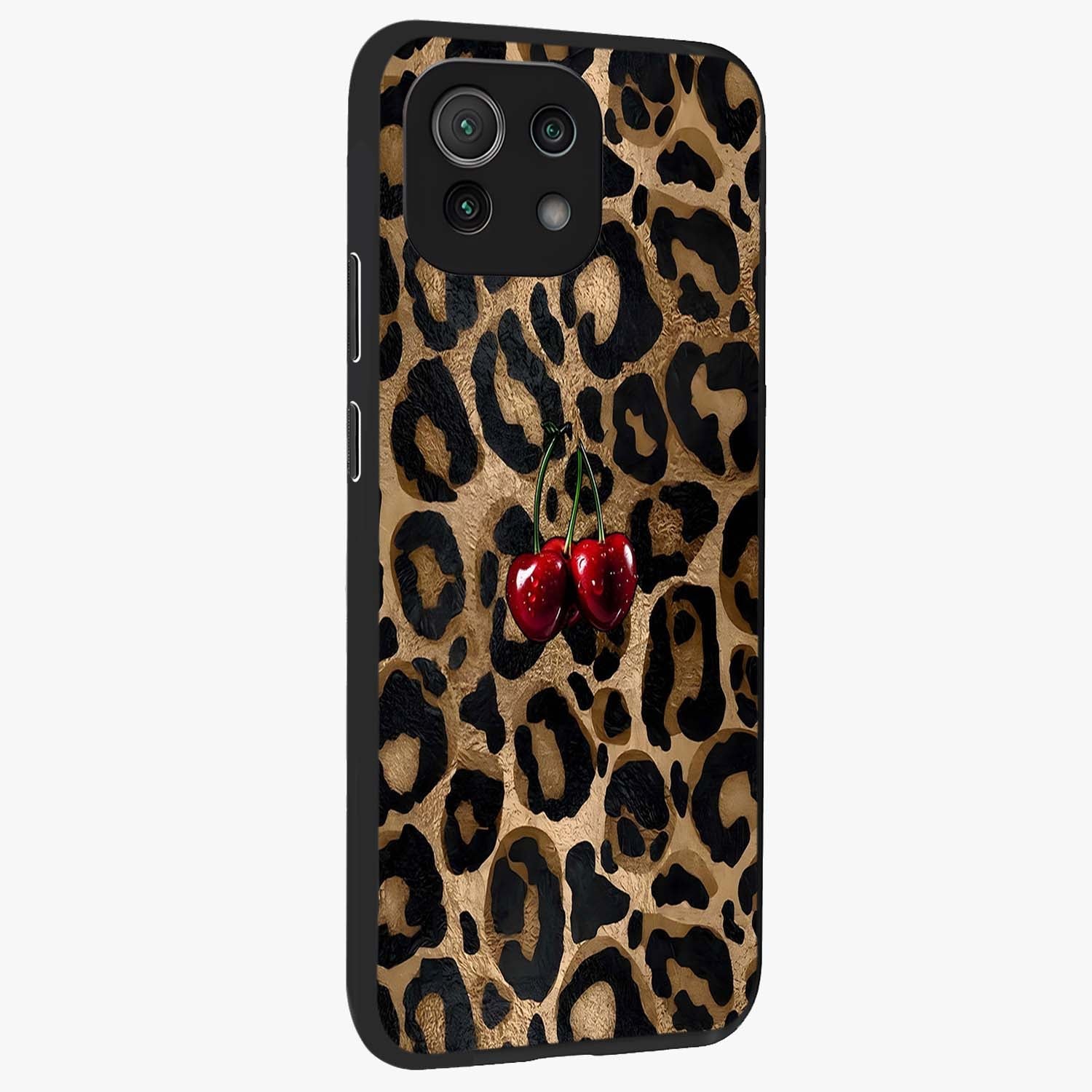 Leopard Wild Cherry Glass Case upright view showcasing stylish leopard pattern artwork with trendy fashion theme.