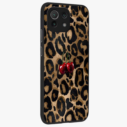 Leopard Wild Cherry Glass Case upright view showcasing stylish leopard pattern artwork with trendy fashion theme.