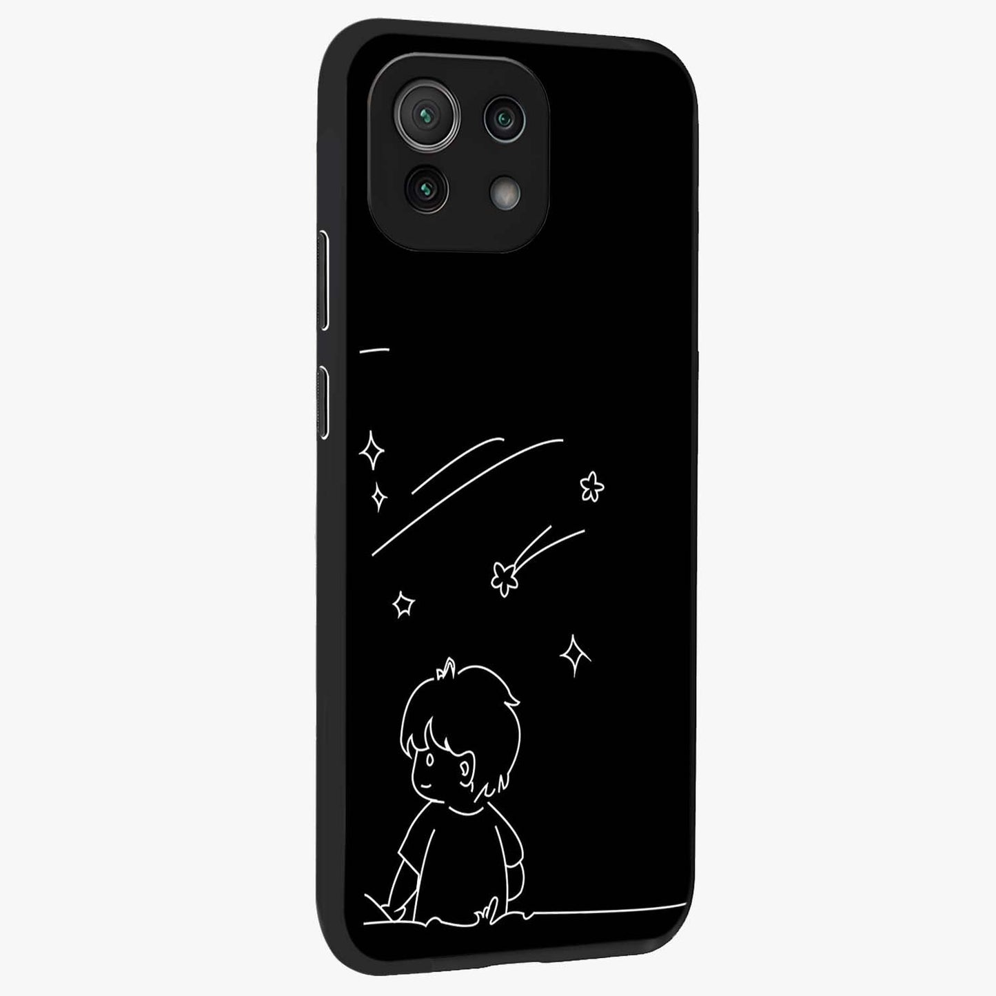 Line Art Boy With Shooting Stars Glass Case upright view showcasing artistic shooting star illustration with minimal style.