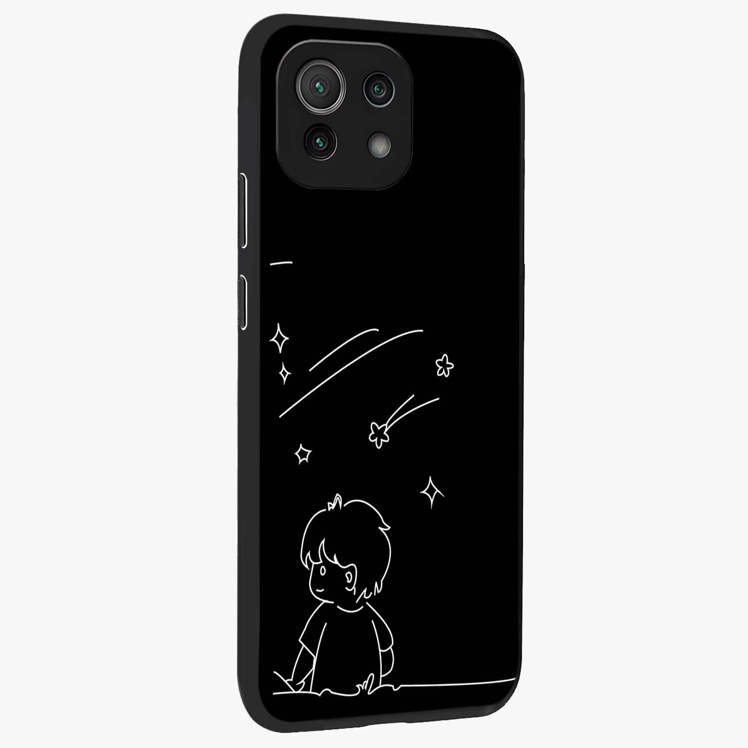 Line Art Boy With Shooting Stars Glass Case upright view showcasing artistic shooting star illustration with minimal style.