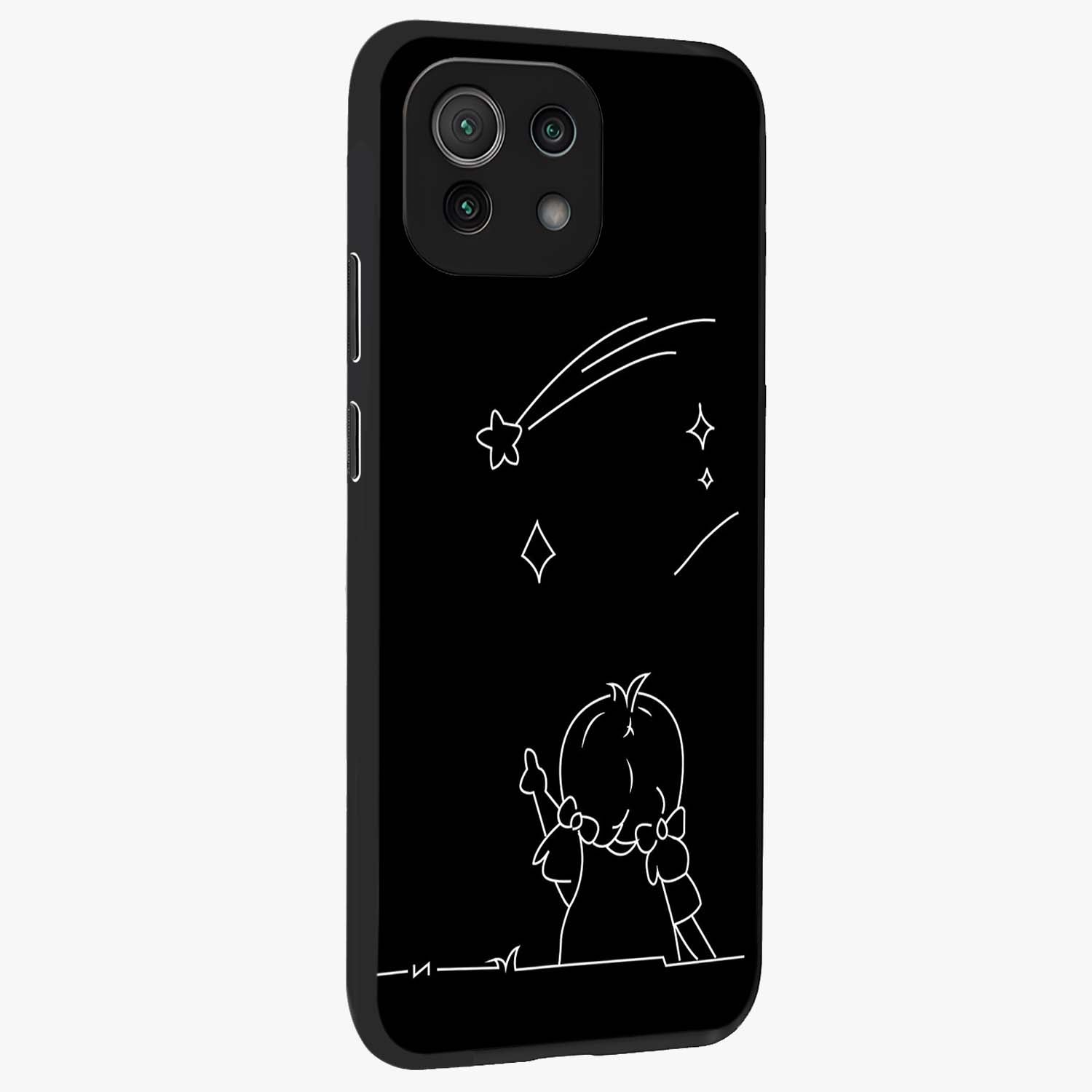 Line Art Girl With Shooting Stars Glass Case upright view showcasing delicate shooting stars artwork with minimal artistic theme.