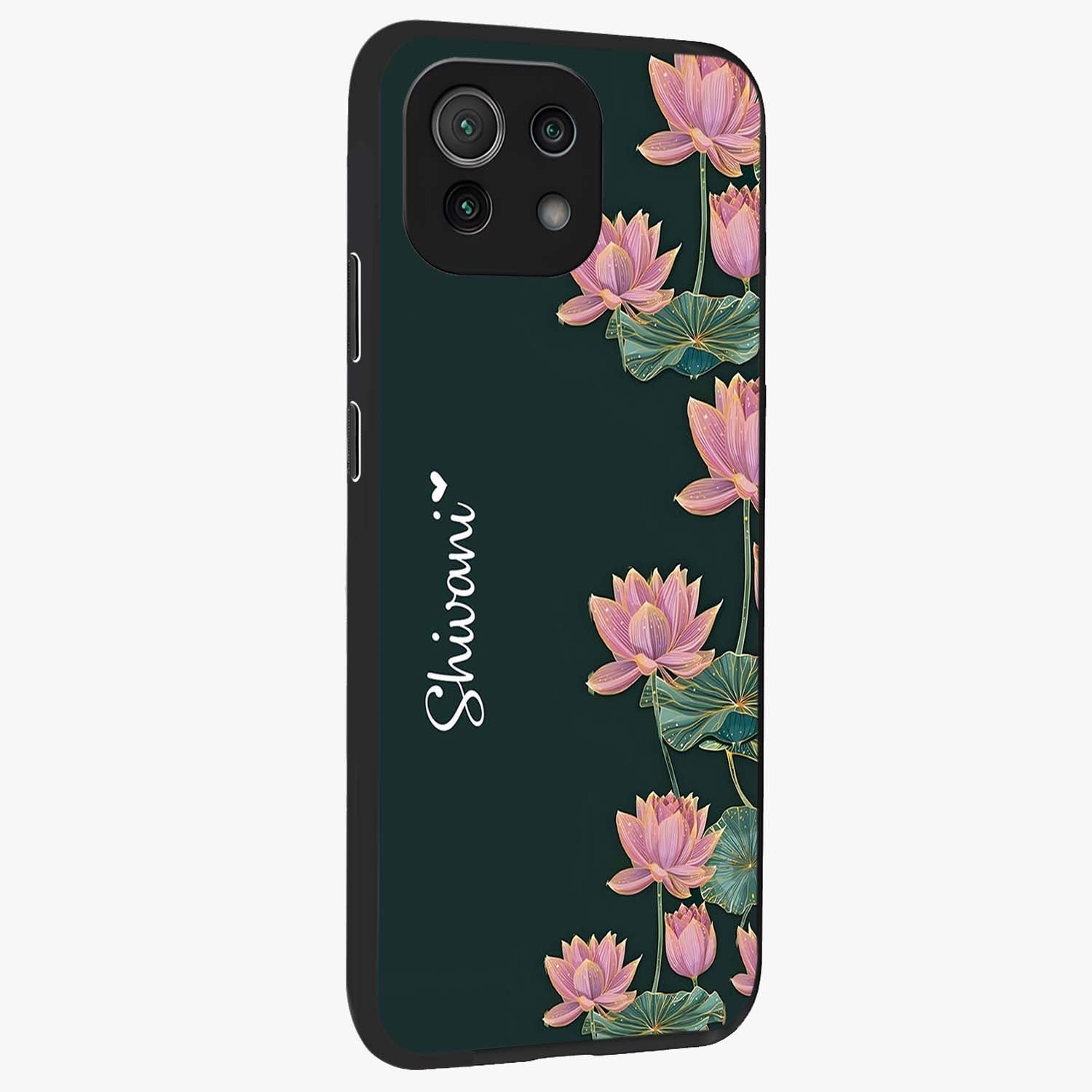 Lotus Bloom Serenity Custom Name Glass Case upright view showcasing serene lotus bloom artwork with personalized floral aesthetic.
