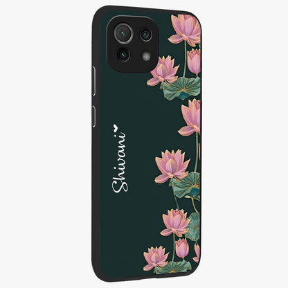 Lotus Bloom Serenity Custom Name Glass Case upright view showcasing serene lotus bloom artwork with personalized floral aesthetic.