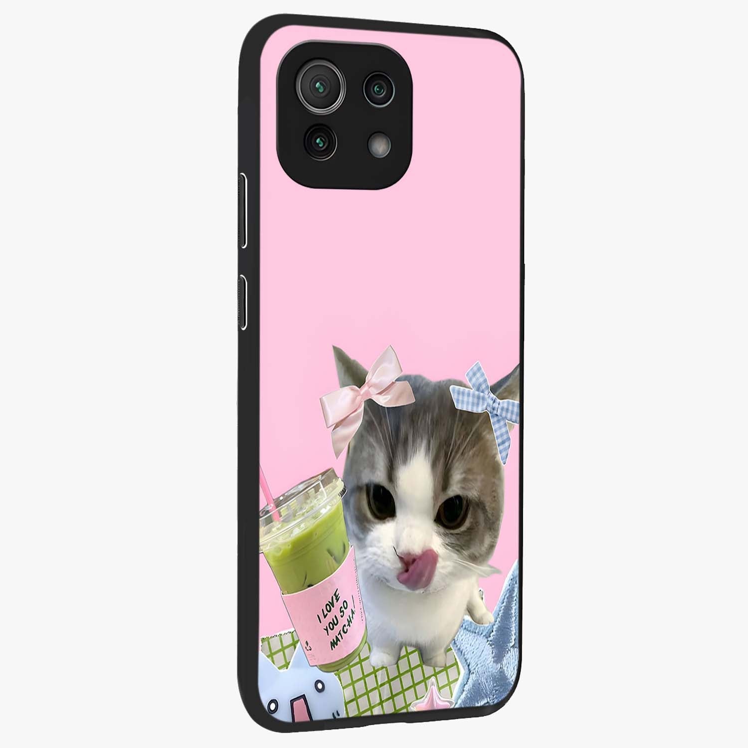 Love Matcha Cat Glass Case upright view showcasing adorable cat artwork with charming matcha themed design.