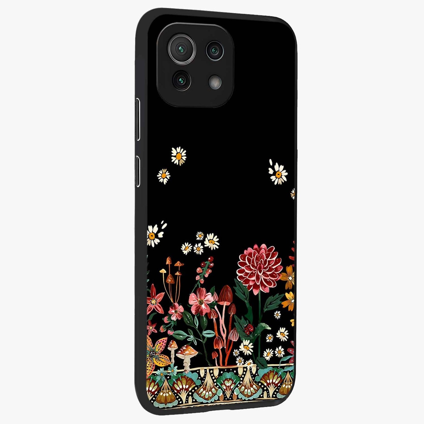 Midnight Bloom Pattern Glass Case upright view showcasing decorative floral artwork with deep night themed palette.