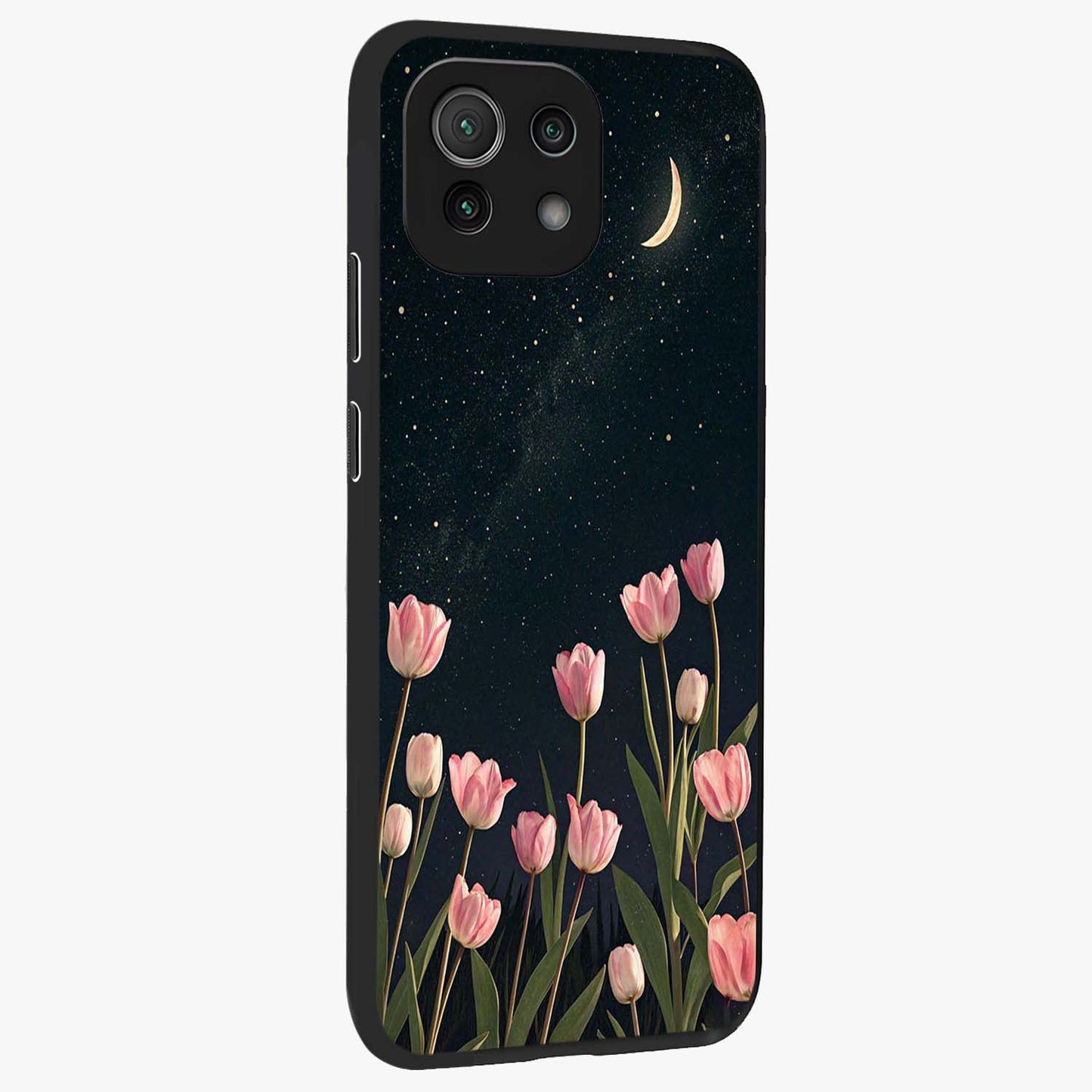 Midnight Tulip Whispers Vibe Glass Case upright view showcasing graceful tulip artwork with calm botanical theme.