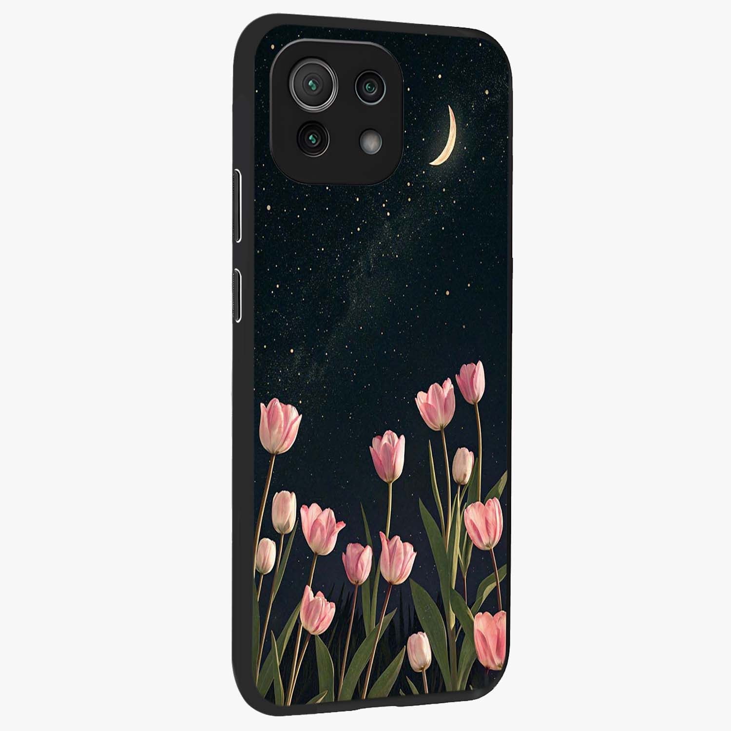 Midnight Tulip Whispers Vibe Glass Case upright view showcasing graceful tulip artwork with calm botanical theme.
