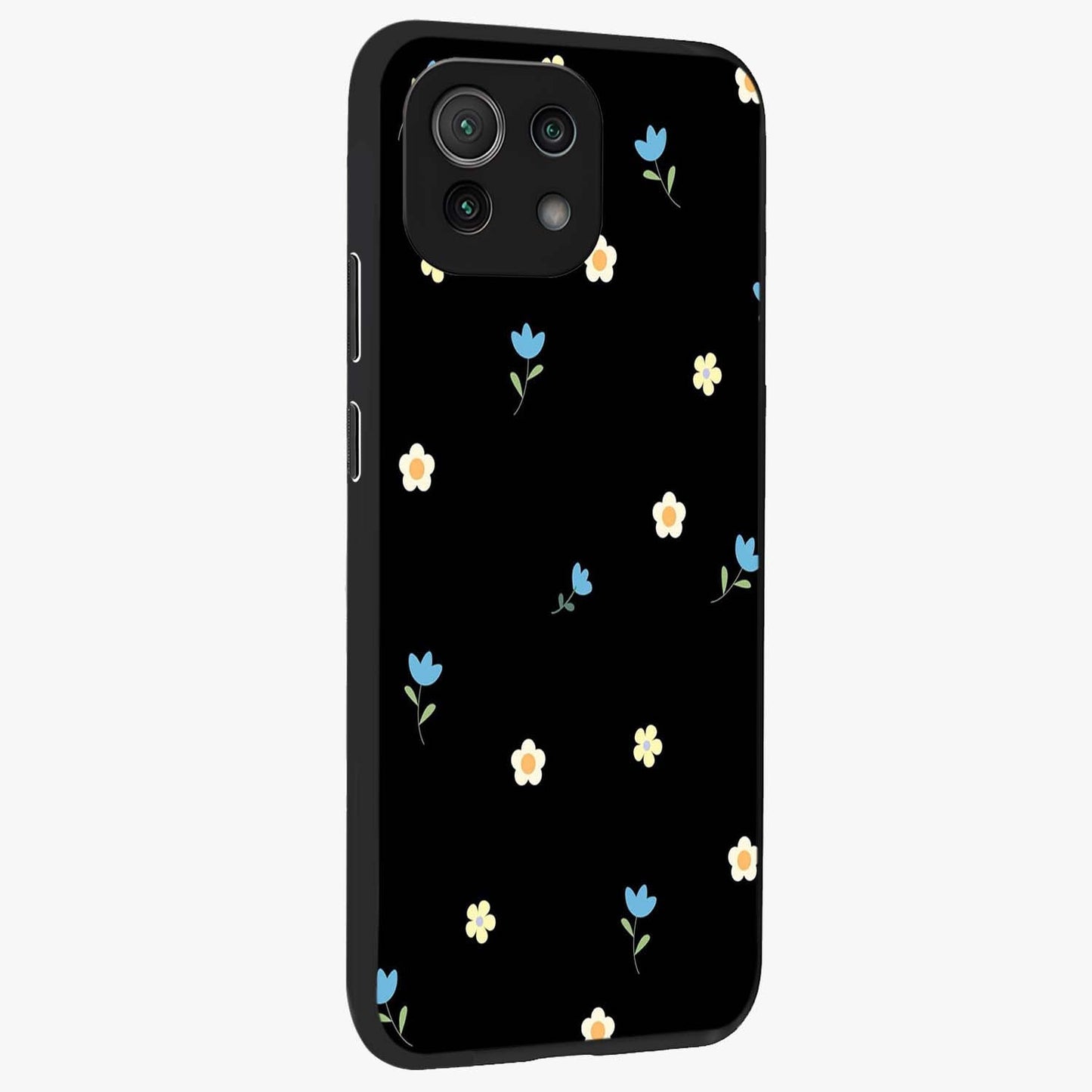 Minimal Petal Whispers Glass Case upright view showcasing elegant floral artwork with modern minimalist style.