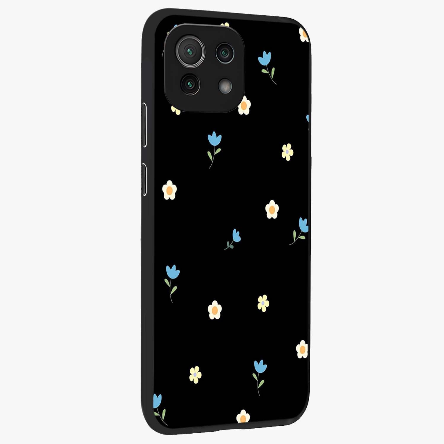Minimal Petal Whispers Glass Case upright view showcasing elegant floral artwork with modern minimalist style.