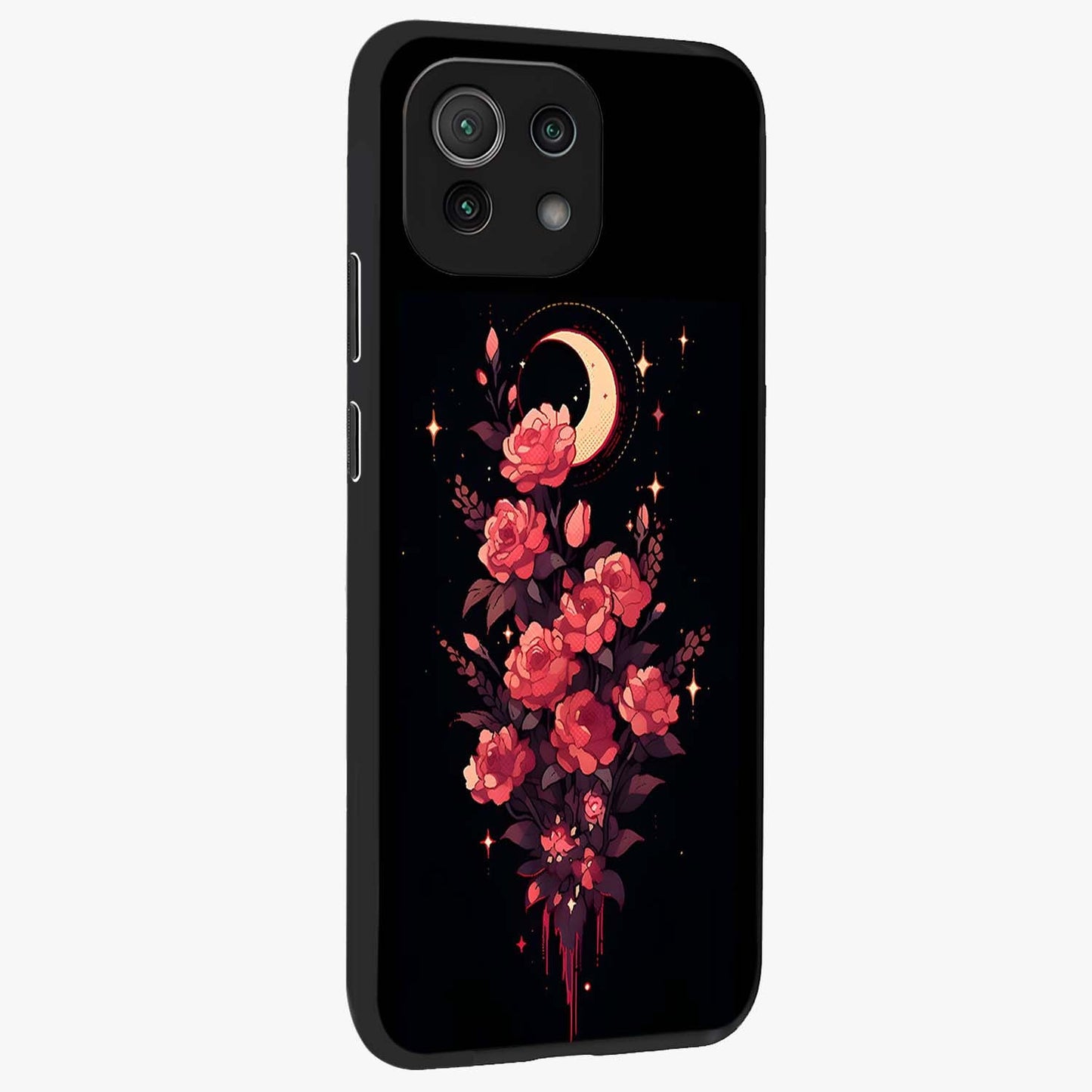 Moonlit Floral Elegance Glass Case upright view showcasing delicate floral artwork with refined night inspired theme.