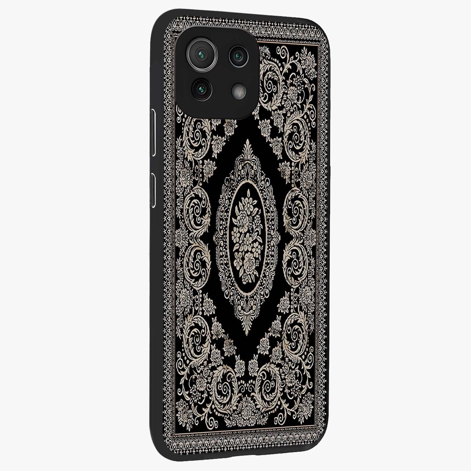 Noir Bloom Elegance Glass Case upright view showcasing graceful floral artwork with luxurious dark theme.