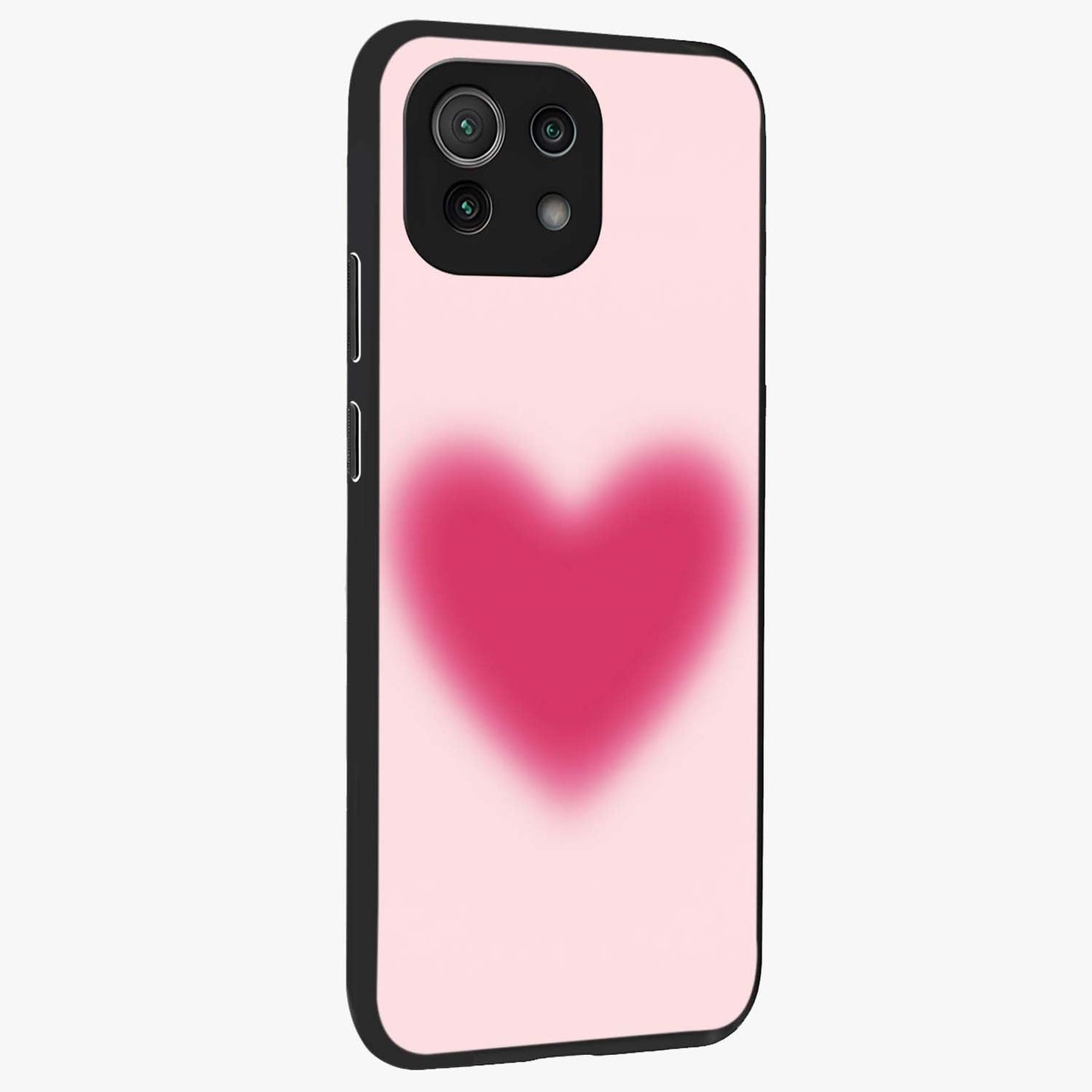 Pink Aura Heart Glass Case upright view showcasing romantic heart artwork with soft pastel theme.