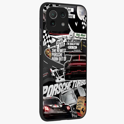 Porsche Racing Collage Glass Case upright view showcasing energetic car collage artwork with high speed racing theme.